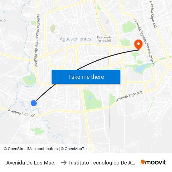 Avenida De Los Maestros, 108 to Instituto Tecnologico De Aguascalientes map