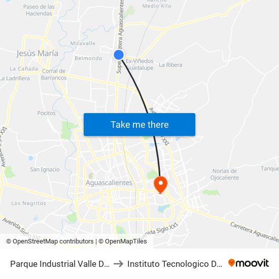 Parque Industrial Valle De Aguascalientes to Instituto Tecnologico De Aguascalientes map
