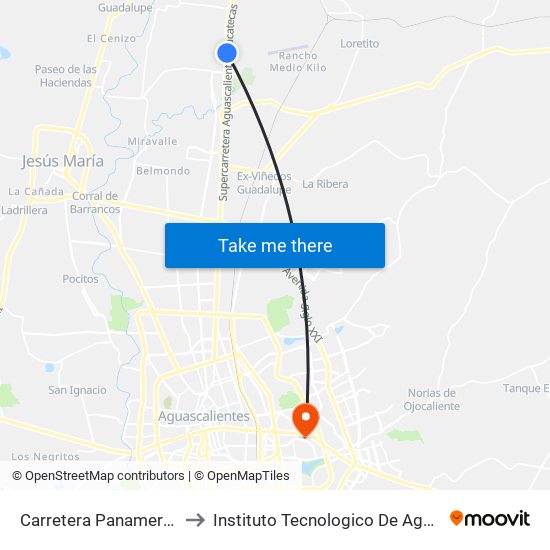 Carretera Panamericana, 18 to Instituto Tecnologico De Aguascalientes map