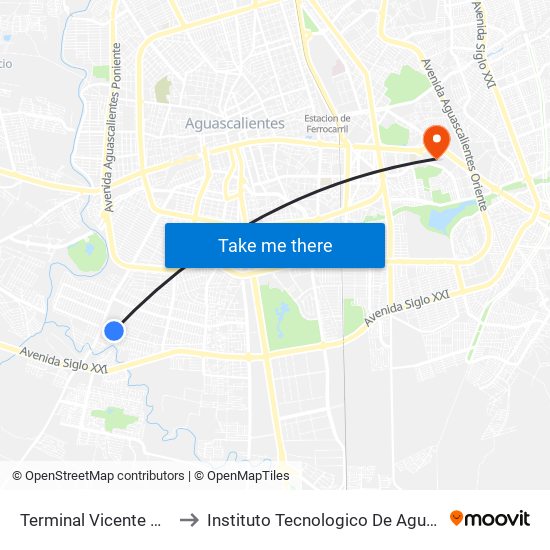 Terminal Vicente Guerrero to Instituto Tecnologico De Aguascalientes map