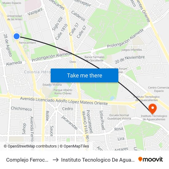 Complejo Ferrocarrilero to Instituto Tecnologico De Aguascalientes map