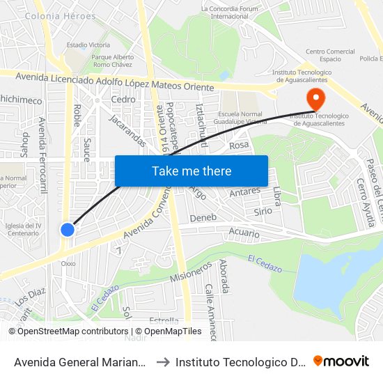 Avenida General Mariano Escobedo, 1212 to Instituto Tecnologico De Aguascalientes map