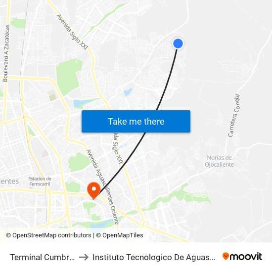 Terminal Cumbres III to Instituto Tecnologico De Aguascalientes map