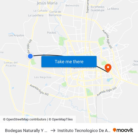 Bodegas Naturally Y Av.Siglo XXI to Instituto Tecnologico De Aguascalientes map