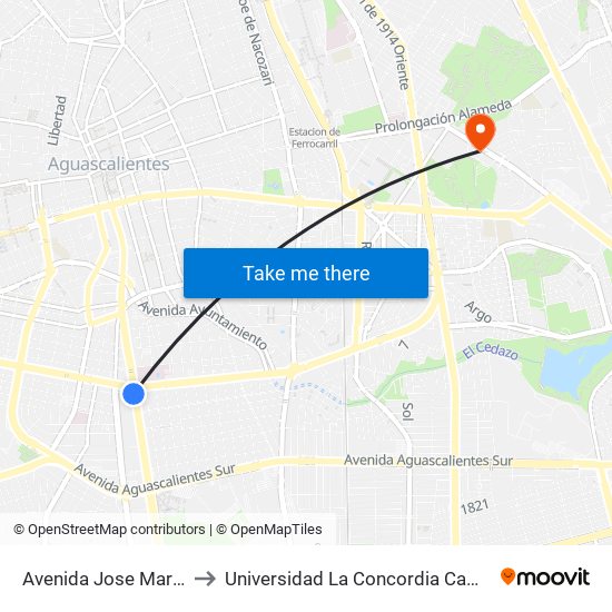 Avenida Jose Maria Chavez, 1531 to Universidad La Concordia Campus Forum Internacional map