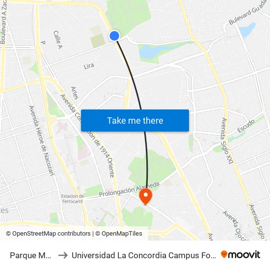 Parque México 2 to Universidad La Concordia Campus Forum Internacional map