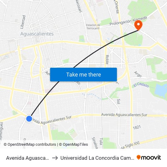 Avenida Aguascalientes Sur, 304 to Universidad La Concordia Campus Forum Internacional map