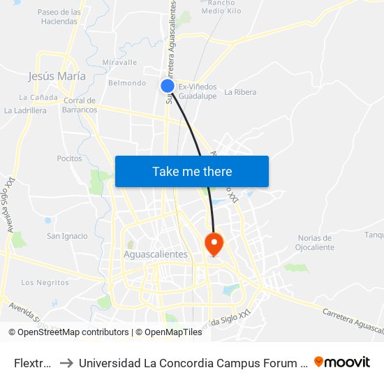 Flextronix to Universidad La Concordia Campus Forum Internacional map