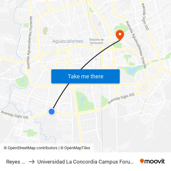 Reyes Cars to Universidad La Concordia Campus Forum Internacional map
