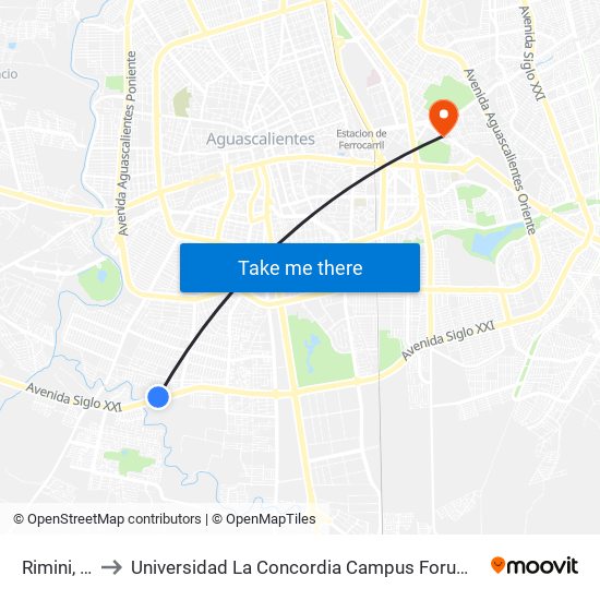 Rimini, 102 to Universidad La Concordia Campus Forum Internacional map