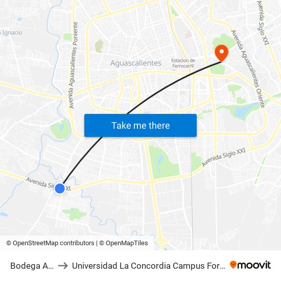 Bodega Aurrera to Universidad La Concordia Campus Forum Internacional map