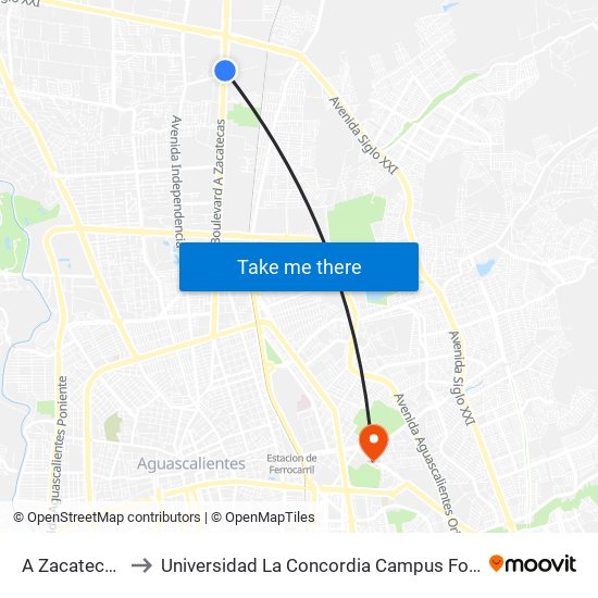 A Zacatecas, 137 to Universidad La Concordia Campus Forum Internacional map