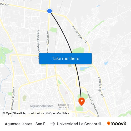 Aguascalientes - San Francisco De Los Romo, 273 to Universidad La Concordia Campus Forum Internacional map