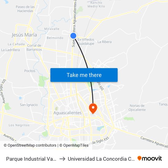 Parque Industrial Valle De Aguascalientes to Universidad La Concordia Campus Forum Internacional map