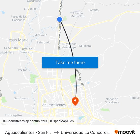 Aguascalientes - San Francisco De Los Romo, 953 to Universidad La Concordia Campus Forum Internacional map