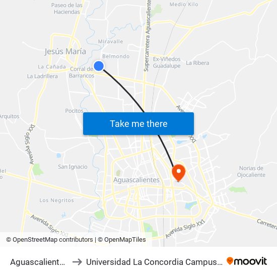 Aguascalientes 53, 362 to Universidad La Concordia Campus Forum Internacional map
