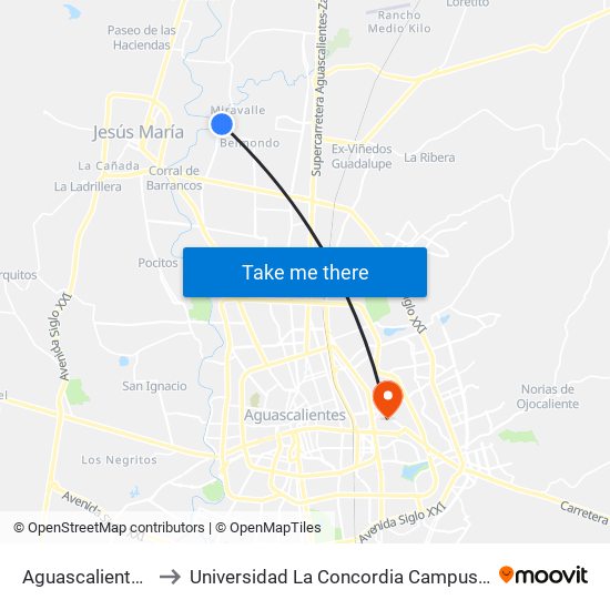 Aguascalientes 53, 803 to Universidad La Concordia Campus Forum Internacional map