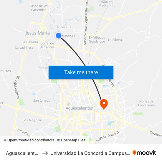 Aguascalientes 53, 803 to Universidad La Concordia Campus Forum Internacional map