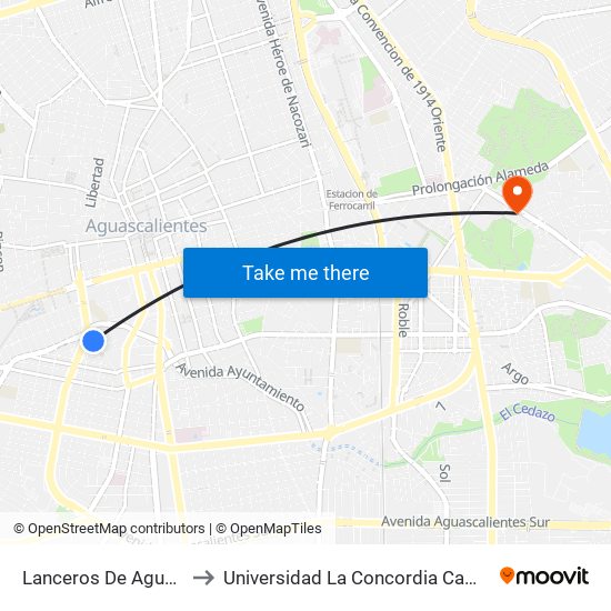 Lanceros De Aguascalientes, 406 to Universidad La Concordia Campus Forum Internacional map