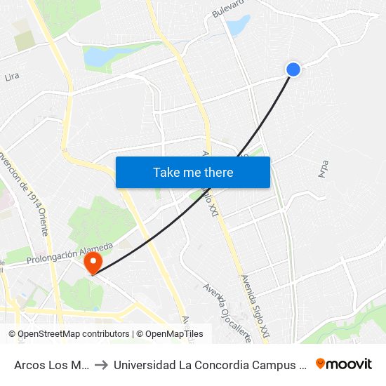Arcos Los Miradores to Universidad La Concordia Campus Forum Internacional map