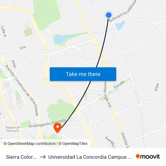 Sierra Colorada, 218 to Universidad La Concordia Campus Forum Internacional map