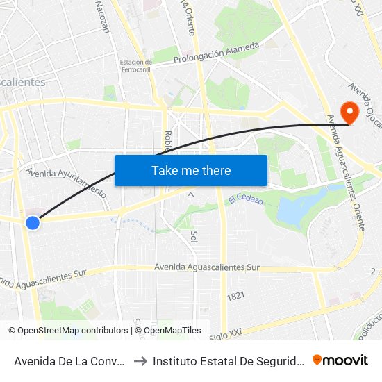 Avenida De La Convención De 1914 Sur, Lb to Instituto Estatal De Seguridad Publica De Aguascalientes map