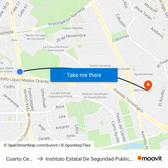 Cuarto Centenario to Instituto Estatal De Seguridad Publica De Aguascalientes map