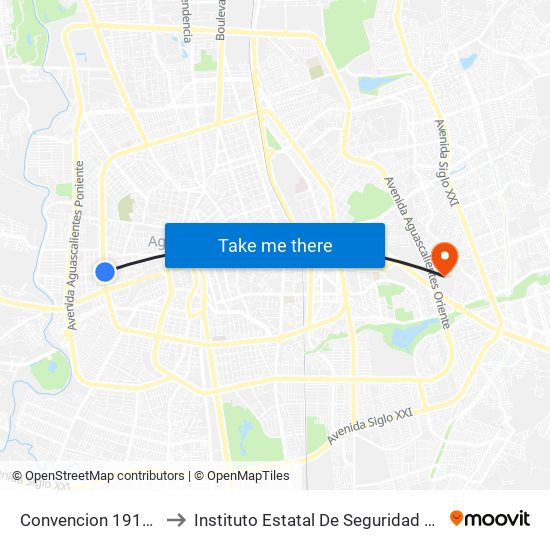 Convencion 1914 Poniente, 219 to Instituto Estatal De Seguridad Publica De Aguascalientes map