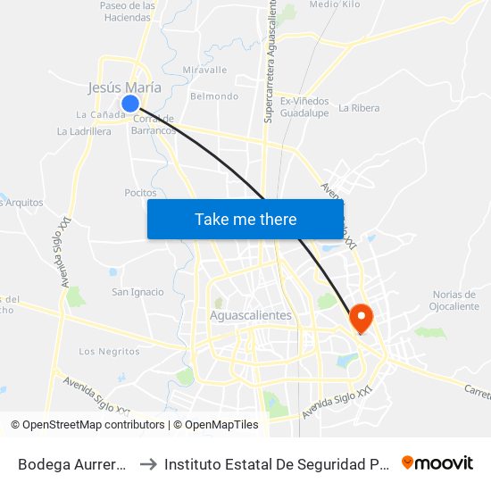 Bodega Aurrera Jesús María to Instituto Estatal De Seguridad Publica De Aguascalientes map
