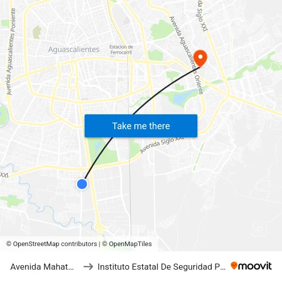 Avenida Mahatma Gandhi, 601 to Instituto Estatal De Seguridad Publica De Aguascalientes map
