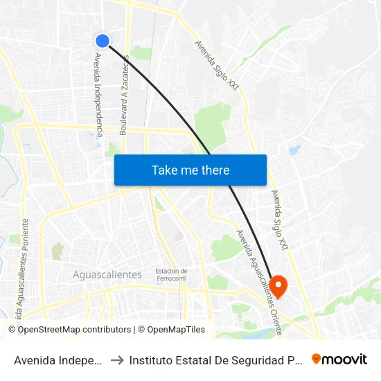 Avenida Independencia, 2316 to Instituto Estatal De Seguridad Publica De Aguascalientes map