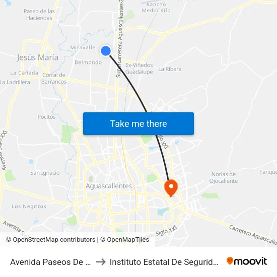 Avenida Paseos De Aguascalientes, 1101 to Instituto Estatal De Seguridad Publica De Aguascalientes map
