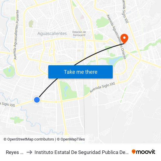 Reyes Cars to Instituto Estatal De Seguridad Publica De Aguascalientes map