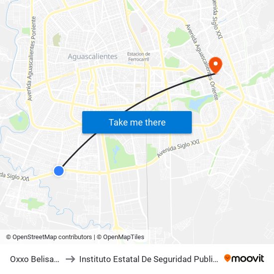 Oxxo Belisarios Dom to Instituto Estatal De Seguridad Publica De Aguascalientes map