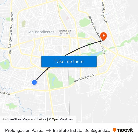 Prolongación Paseo De La Asunción, 2 to Instituto Estatal De Seguridad Publica De Aguascalientes map