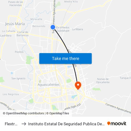 Flextronics to Instituto Estatal De Seguridad Publica De Aguascalientes map