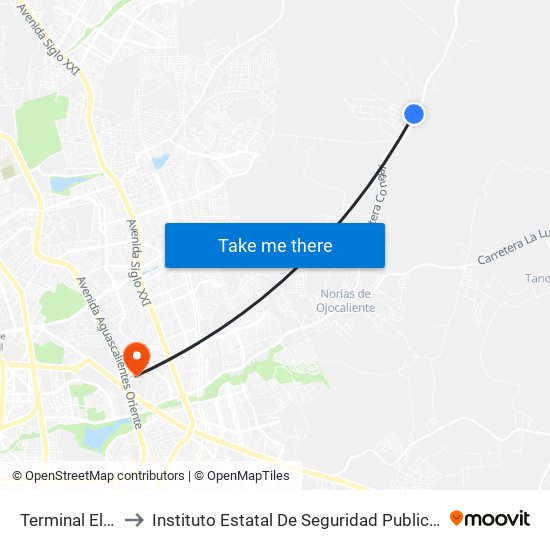 Terminal El Conejal to Instituto Estatal De Seguridad Publica De Aguascalientes map