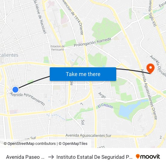 Avenida Paseo De La Cruz, Lb to Instituto Estatal De Seguridad Publica De Aguascalientes map