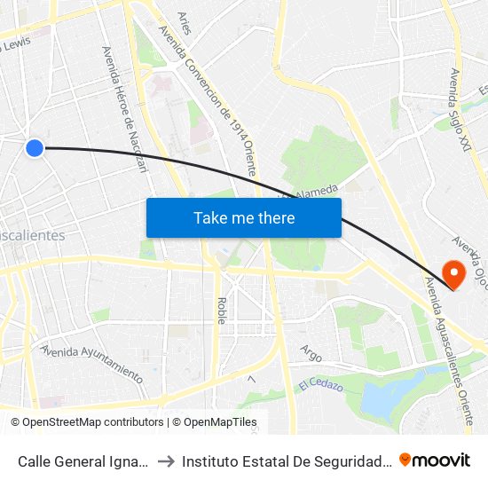 Calle General Ignacio Zaragoza, 810 to Instituto Estatal De Seguridad Publica De Aguascalientes map