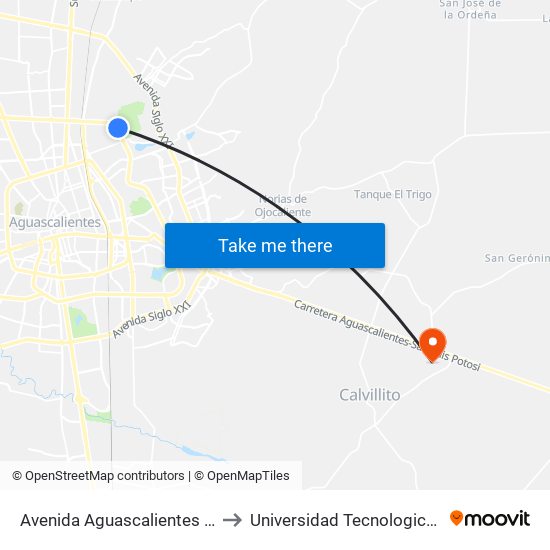 Avenida Aguascalientes Oriente, 920 to Universidad Tecnologica El Reto�O map