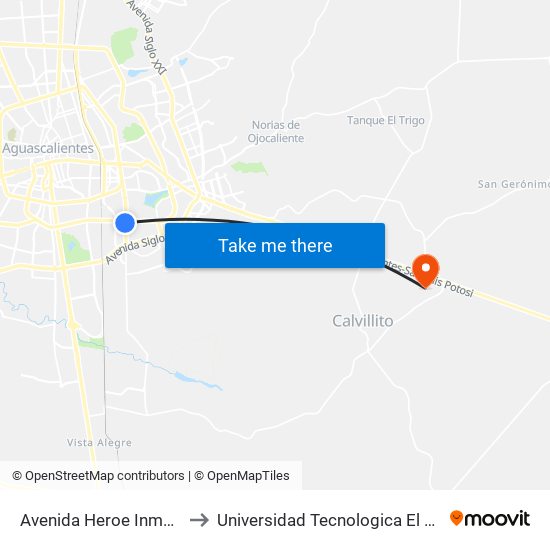 Avenida Heroe Inmortal, 1 to Universidad Tecnologica El Reto�O map