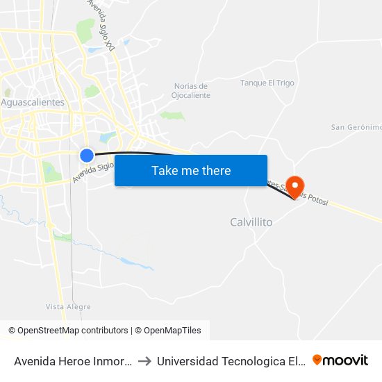 Avenida Heroe Inmortal, 258 to Universidad Tecnologica El Reto�O map