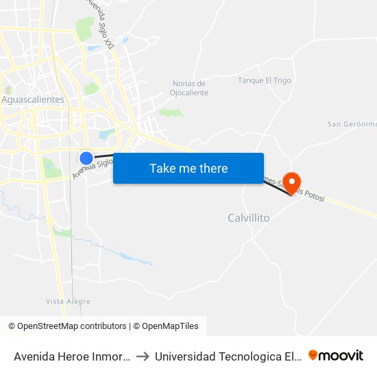 Avenida Heroe Inmortal, 403 to Universidad Tecnologica El Reto�O map