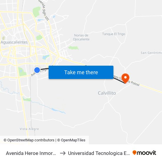 Avenida Heroe Inmortal, 1009 to Universidad Tecnologica El Reto�O map