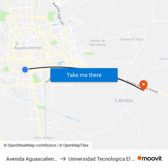 Avenida Aguascalientes Sur to Universidad Tecnologica El Reto�O map