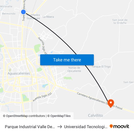 Parque Industrial Valle De Aguascalientes to Universidad Tecnologica El Reto�O map