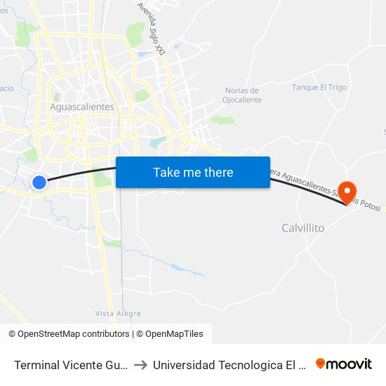 Terminal Vicente Guerrero to Universidad Tecnologica El Reto�O map