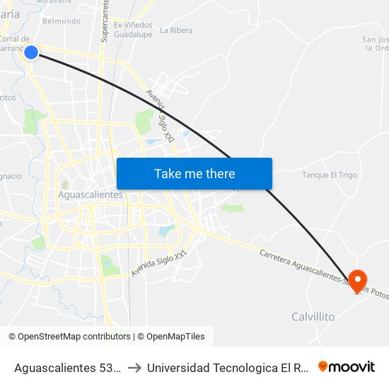 Aguascalientes 53, 436 to Universidad Tecnologica El Reto�O map