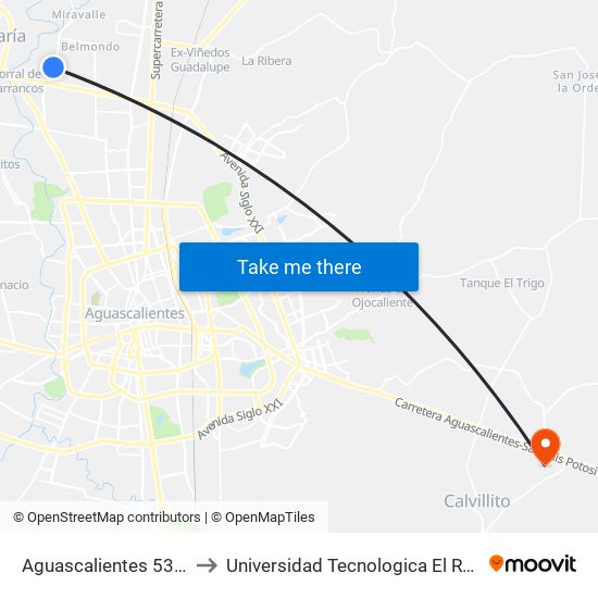 Aguascalientes 53, 362 to Universidad Tecnologica El Reto�O map