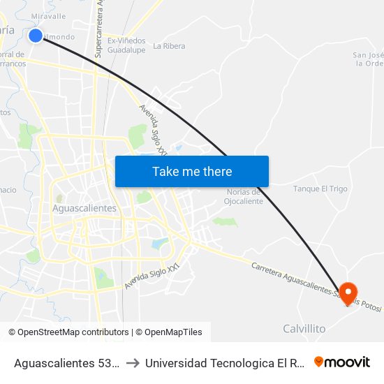 Aguascalientes 53, 803 to Universidad Tecnologica El Reto�O map
